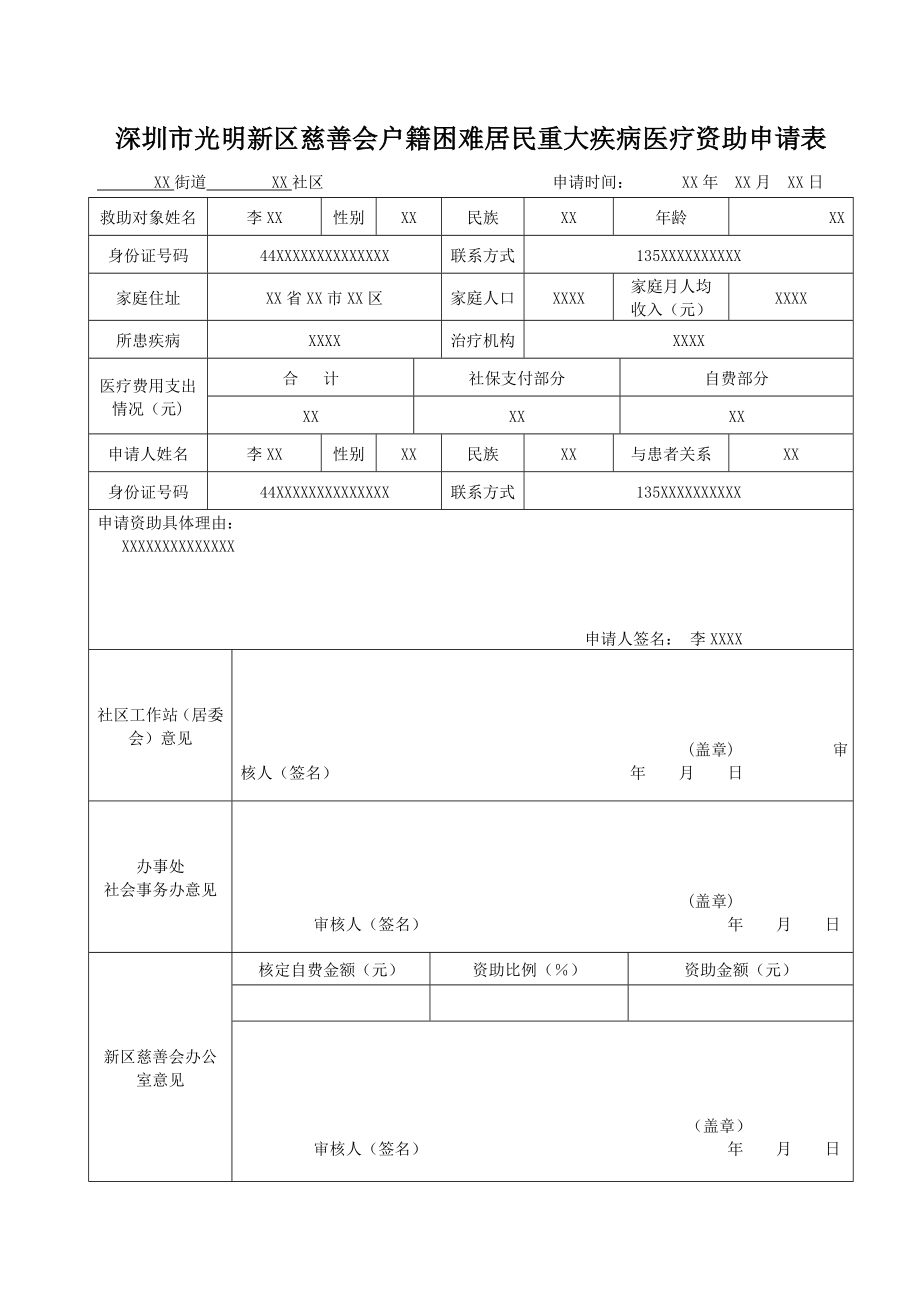 深圳市光明新区慈善会户籍困难居民重大疾病医疗资助申请表.doc_第1页