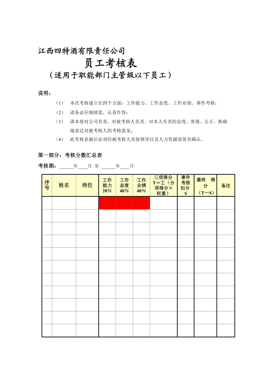 宝典]绩效考察表主管级以下员工(实用于本能机能部分).doc_第1页