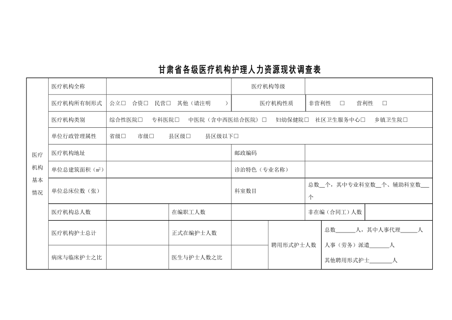 甘肃省护理人力资源现状调查表（三级以上医院） .doc_第1页