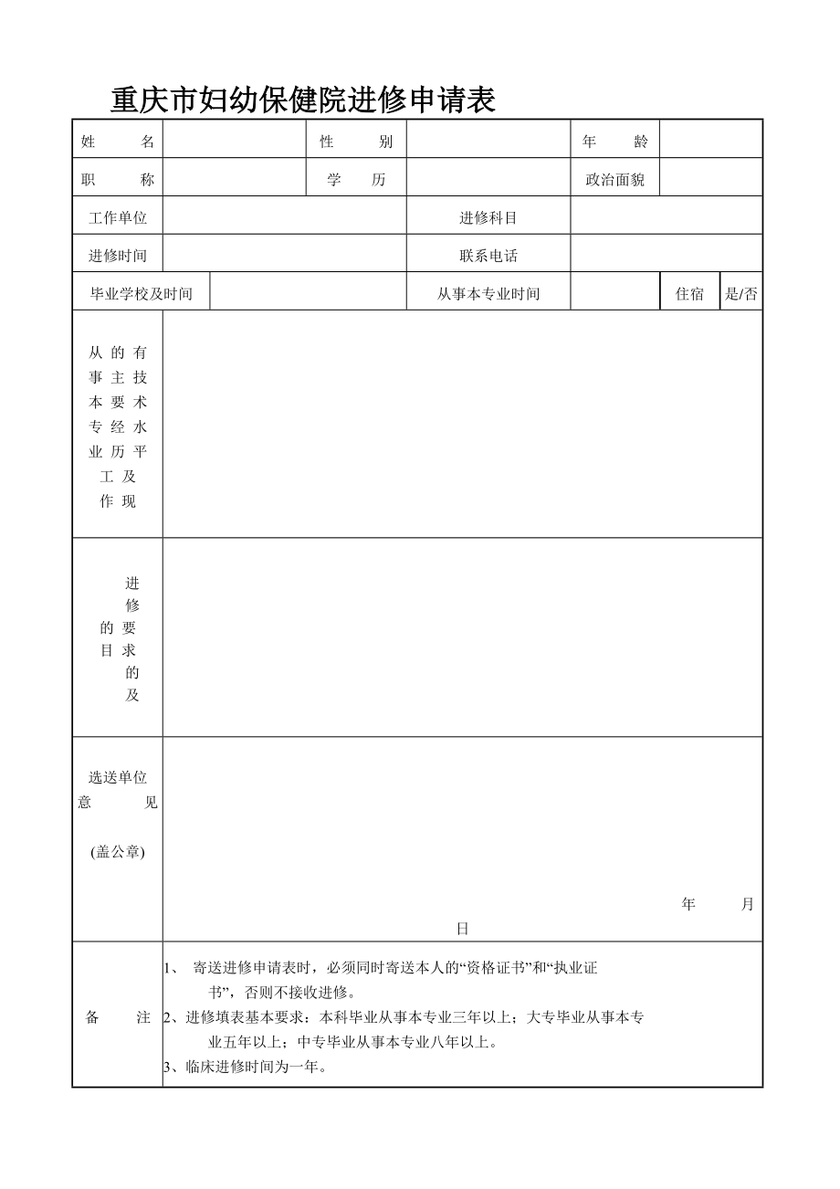 重庆市妇幼保健院进修申请表.doc_第1页