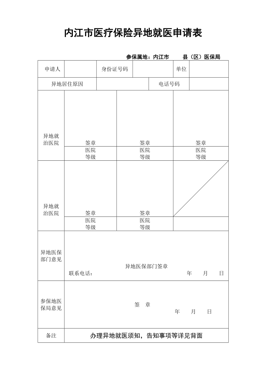 内江市医疗保险异地就医申请表.doc_第1页