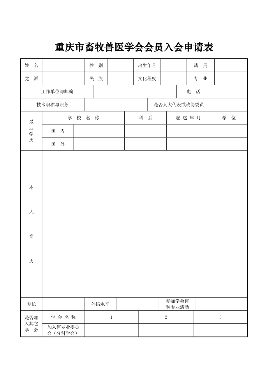 重庆市畜牧兽医学会会员入会申请表（模板）重庆市畜牧兽医学会.doc_第1页