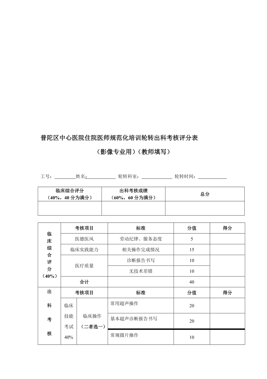 普陀区中心医院住院医师规范化培训轮转出科考核评分表.doc_第1页