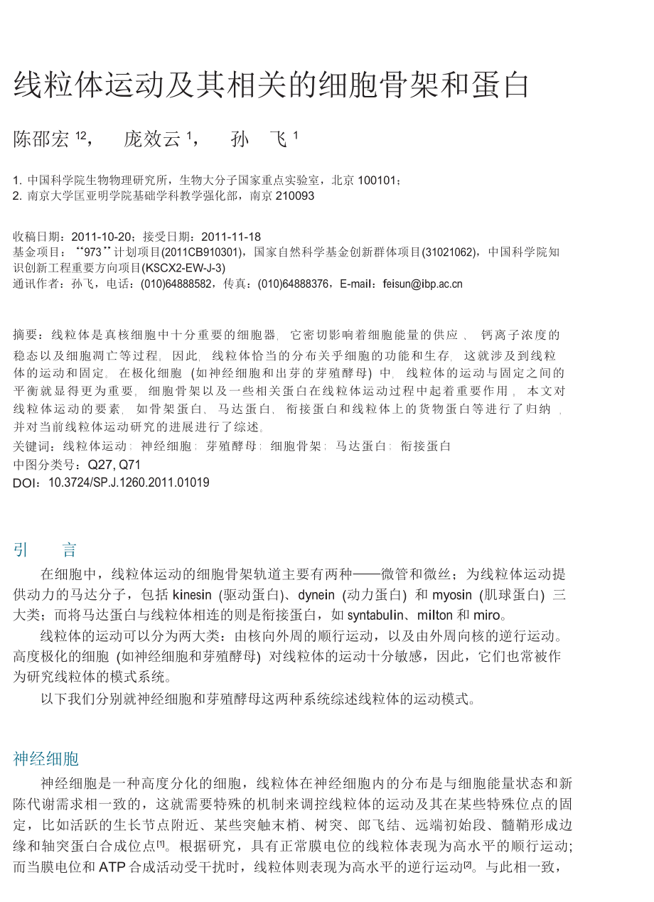 线粒体运动及其相关的细胞骨架和蛋白.doc_第1页