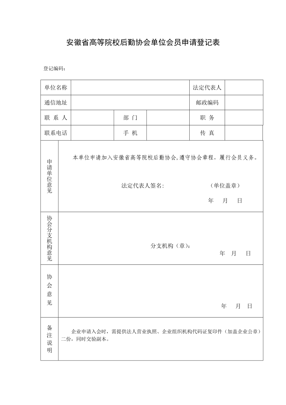 安徽省高等院校后勤协会单位会员申请登记表.doc_第1页