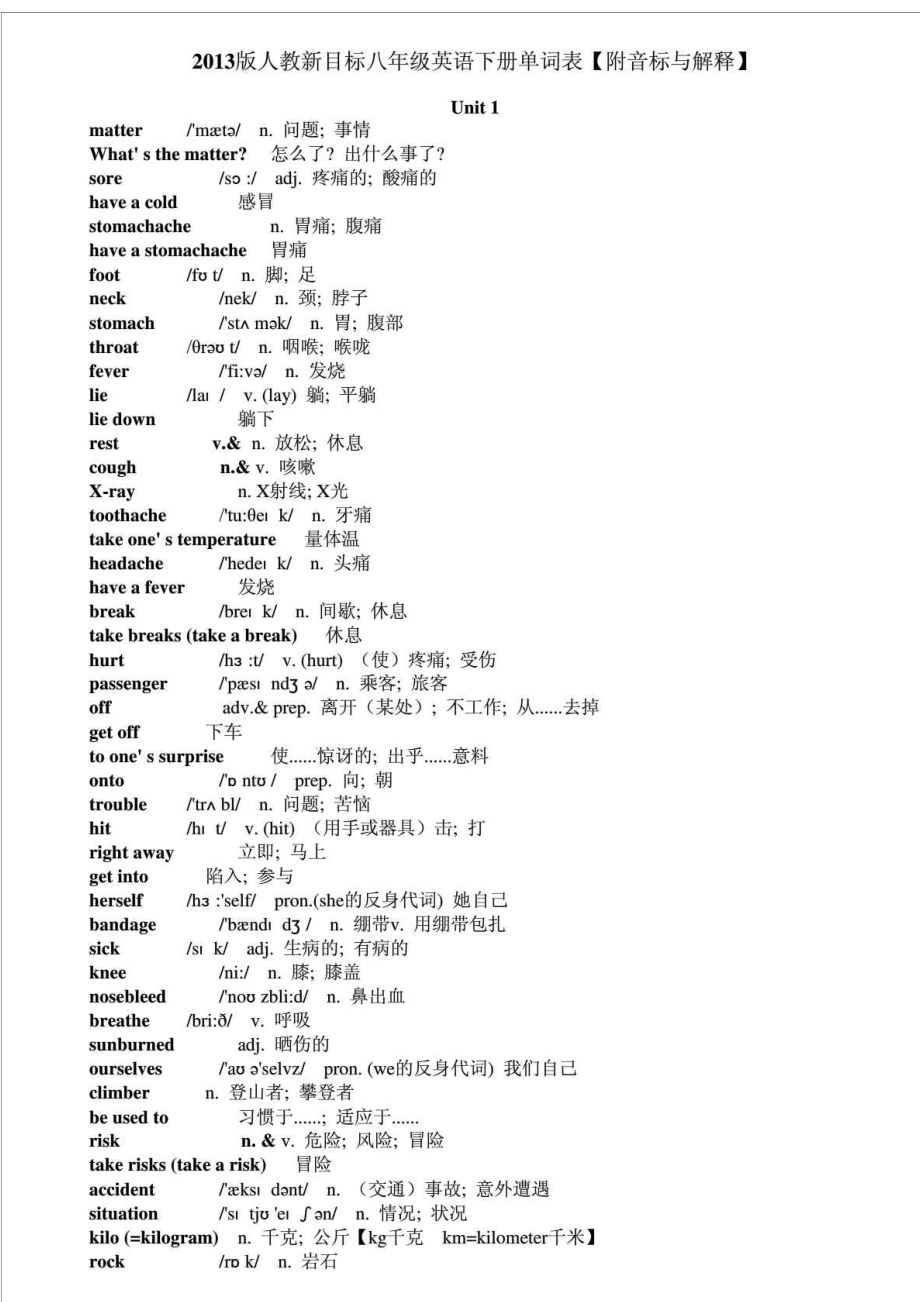 人教新目标英语八级下册单词表【附音标与解释】 .doc_第1页