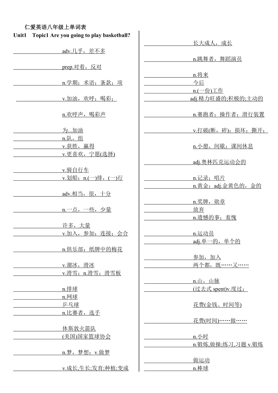 仁爱英语八级上册单词表听写版资料.doc_第1页