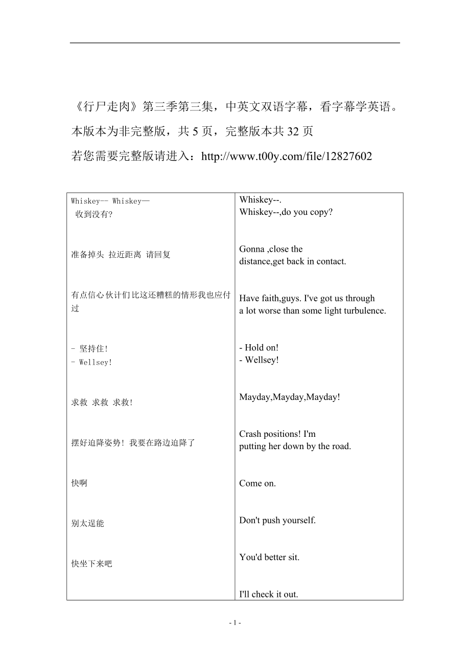 《行尸走肉》第三季第三集 中英双语对照字幕 看字幕学英语 文本文件.doc_第1页