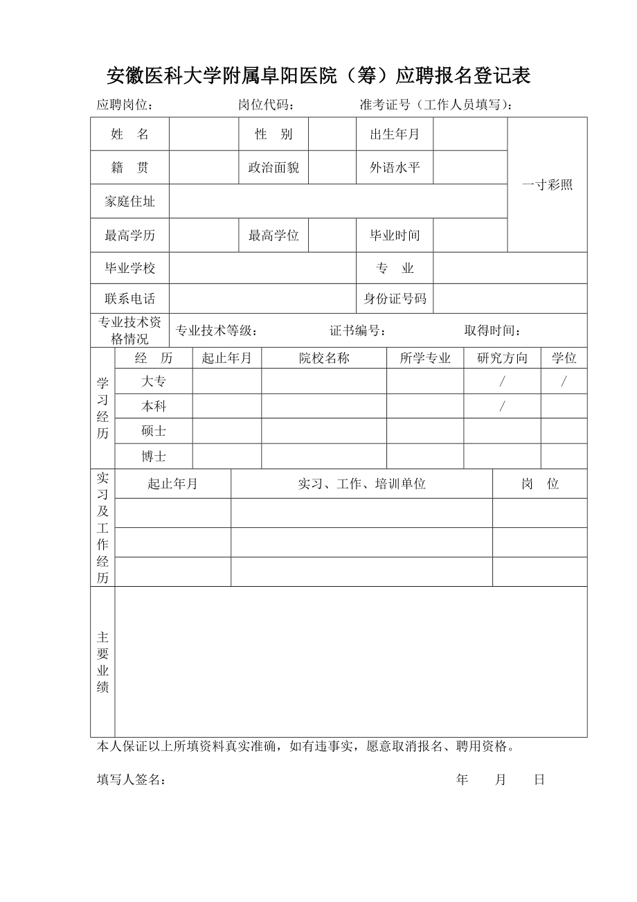 安徽医科大学附属阜阳医院（筹）应聘报名登记表【直接打印】 .doc_第1页