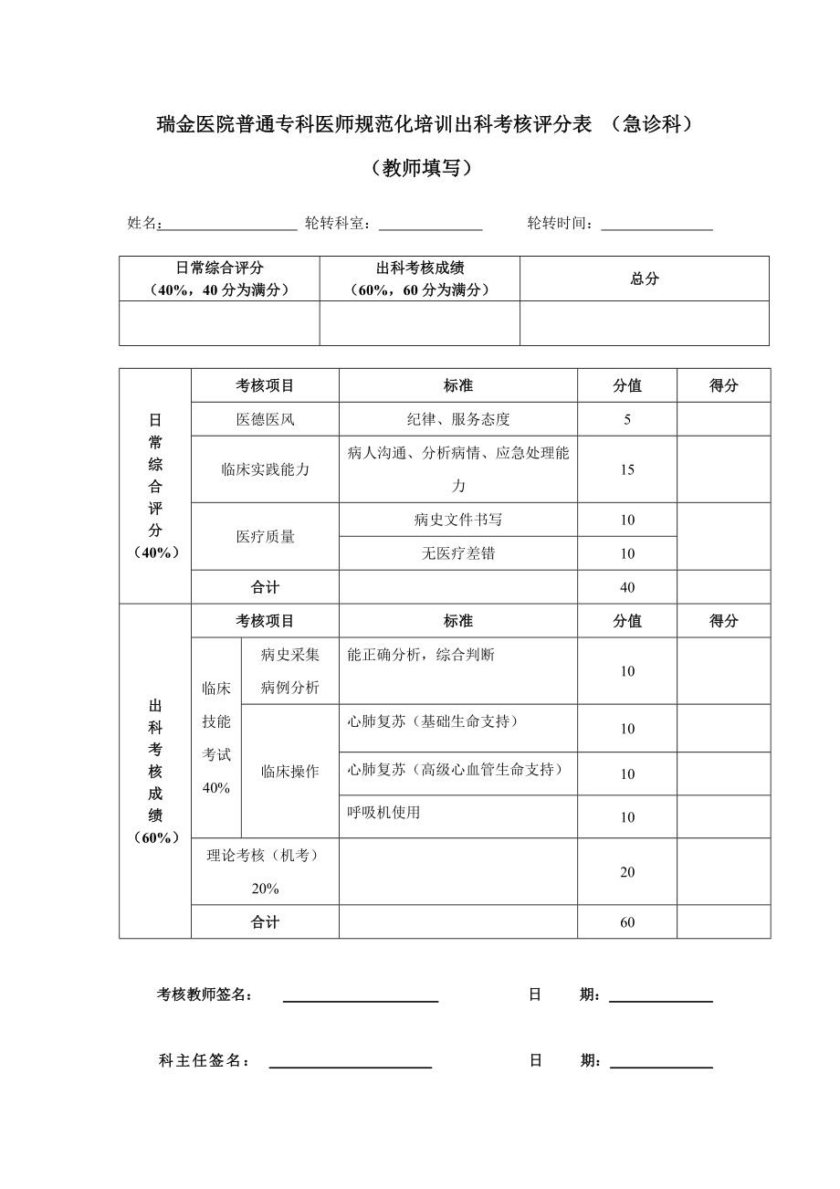 瑞金医院普通专科医师规范化培训出科考核评分表(急诊科).doc_第1页