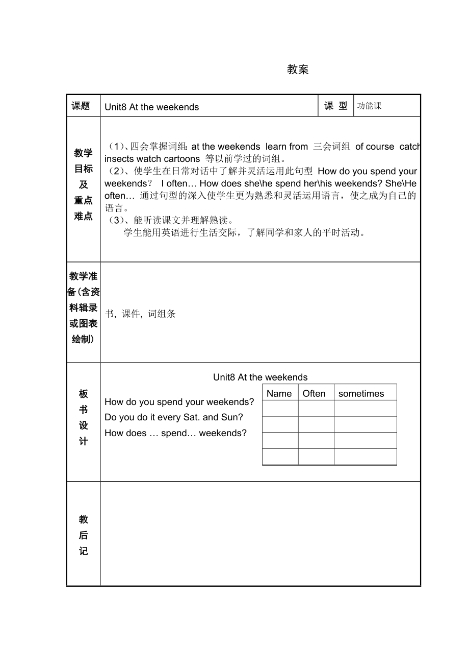 译林版牛津小学英语5B　Unit8 At the weekends　A教案.doc_第1页