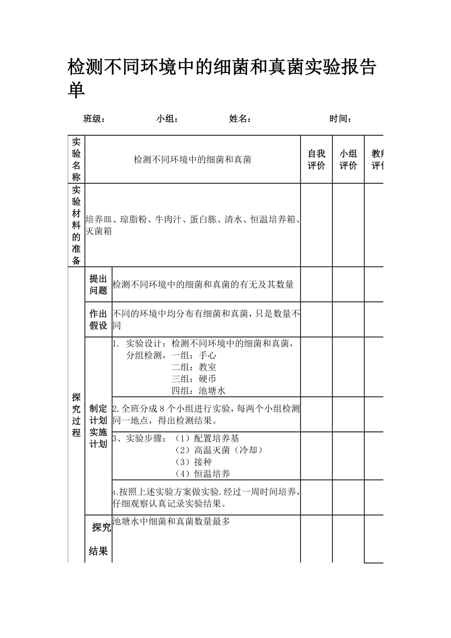 检测不同环境中的细菌和真菌实验报告单.doc_第1页