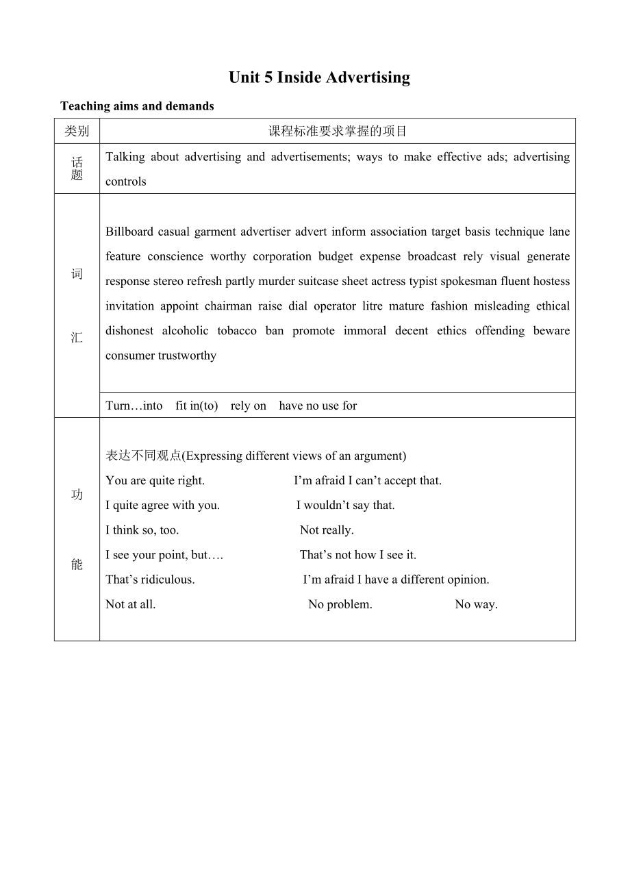 人教版新课标英语选修9 unit 5 inside advertising教案.doc_第1页