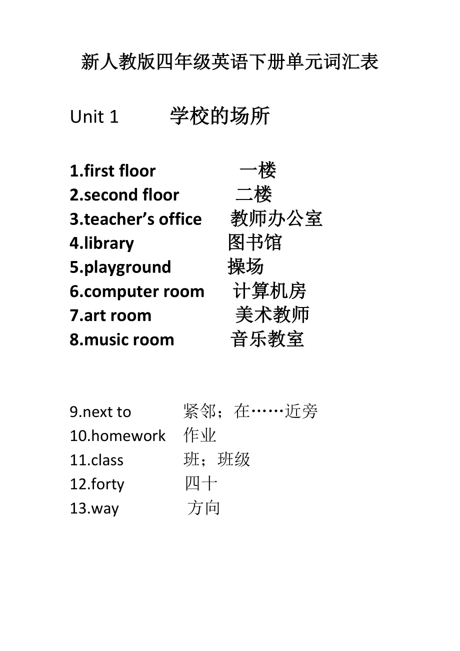 新人教版四级英语下册单元词汇表.doc_第1页