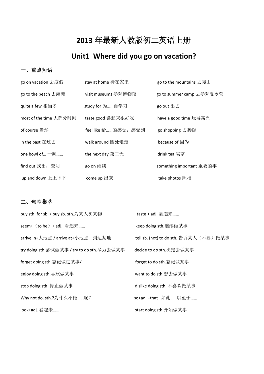 教案：最新人教版初二英语上册Unit1Where did you go on vacation？讲解和练习题.doc_第1页