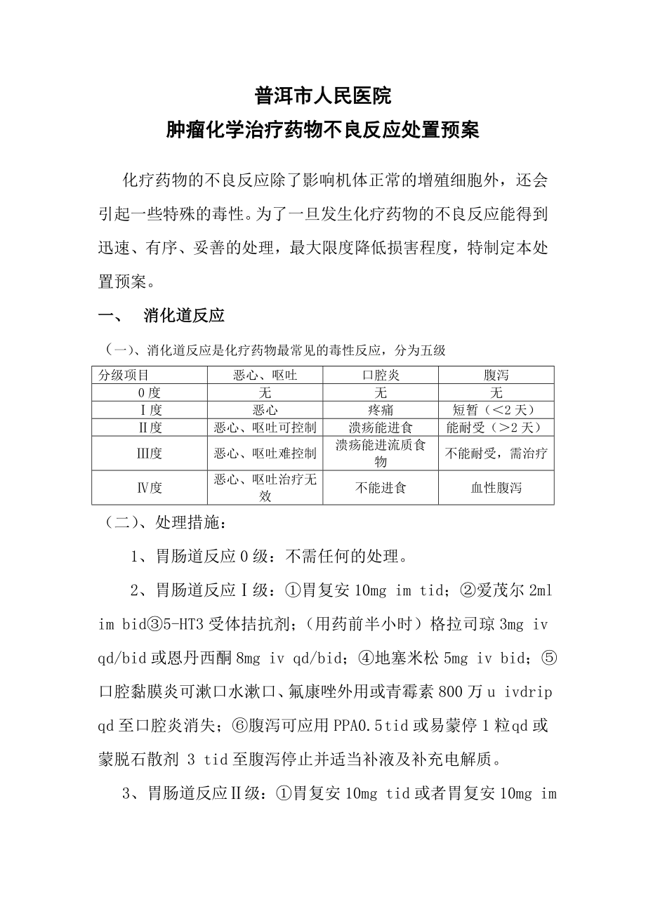 医院药物不良反应预案 肿瘤化学治疗药物不良反应处置预案.doc_第1页