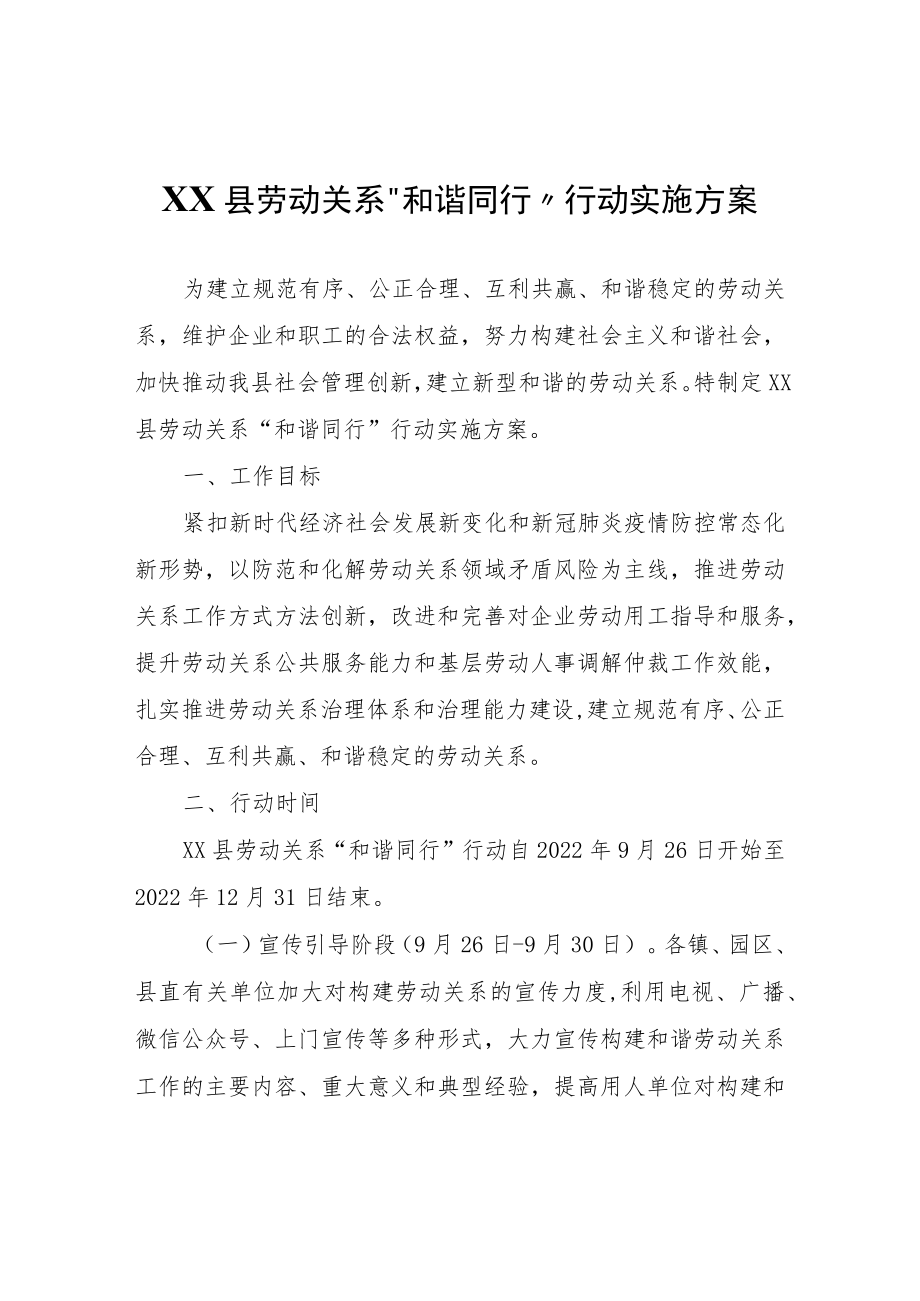 关于开展XX县劳动关系“和谐同行”行动实施方案.docx_第1页