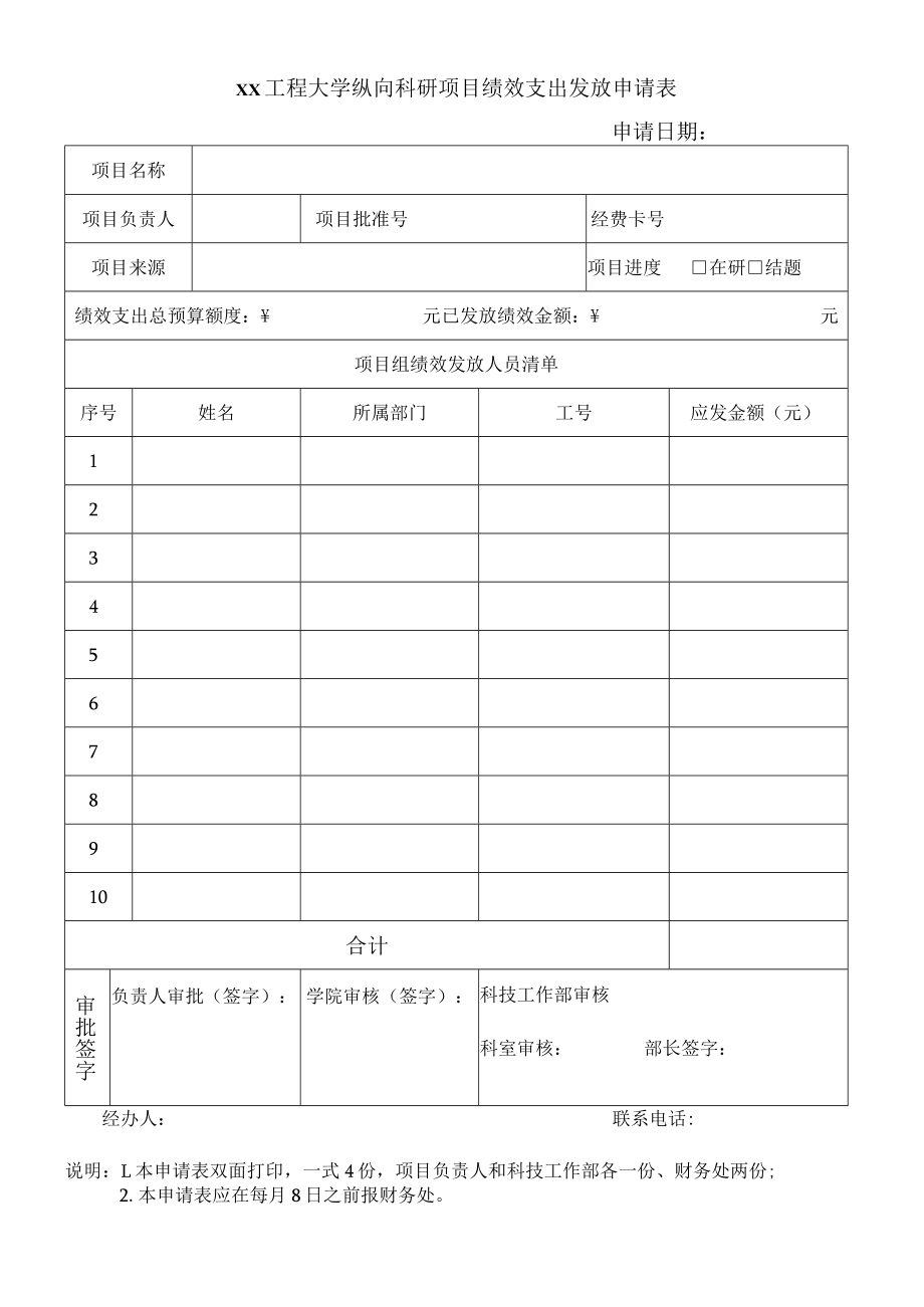 xx工程大学理工类民口纵向项目绩效支出发放申请表.docx_第1页