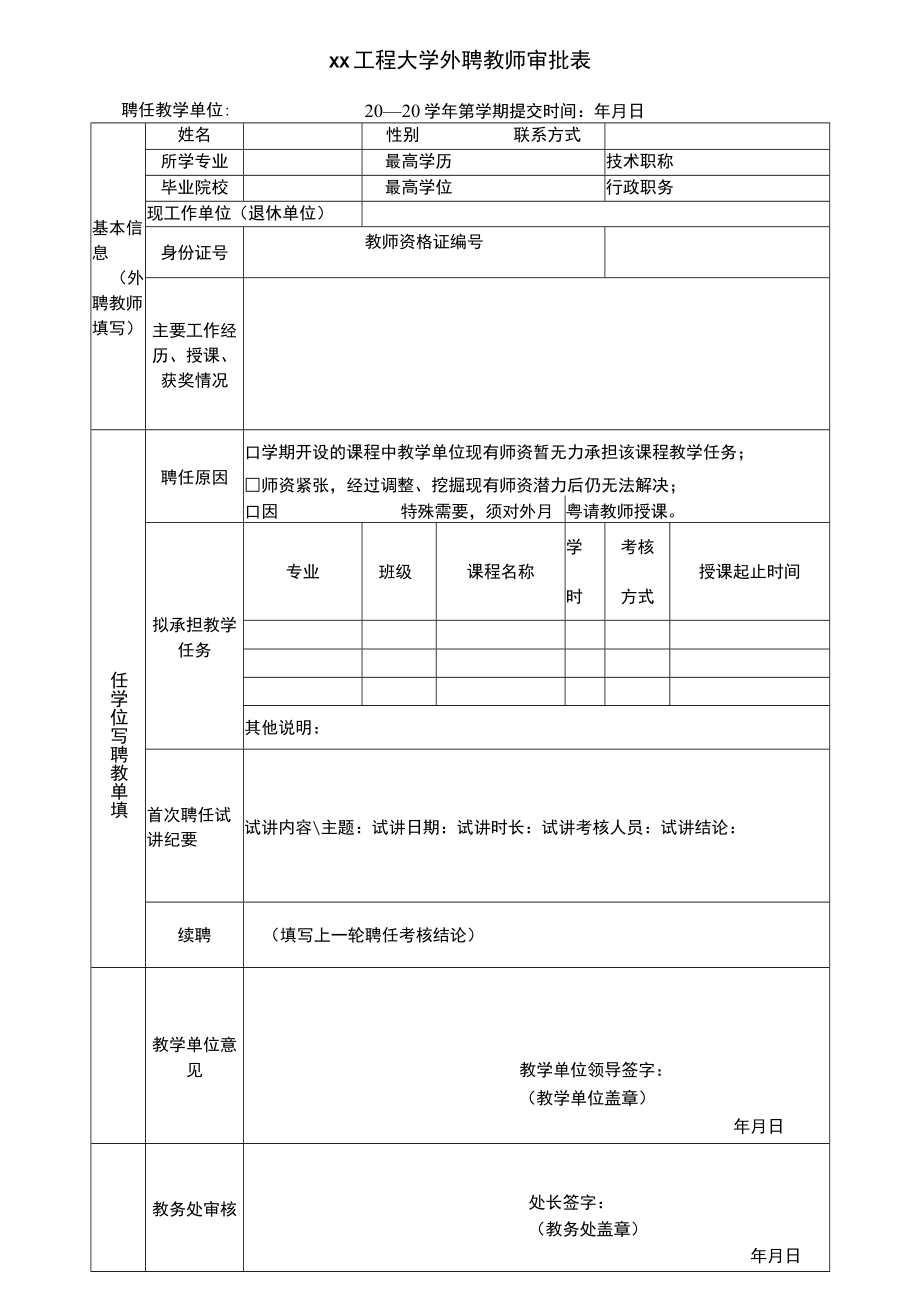 xx工程大学外聘教师审批表.docx_第1页