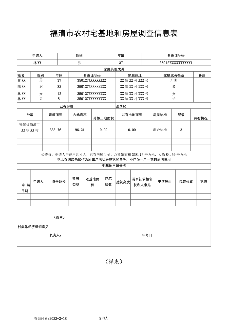 福清市农村宅基地和房屋调查信息表样表.docx_第1页