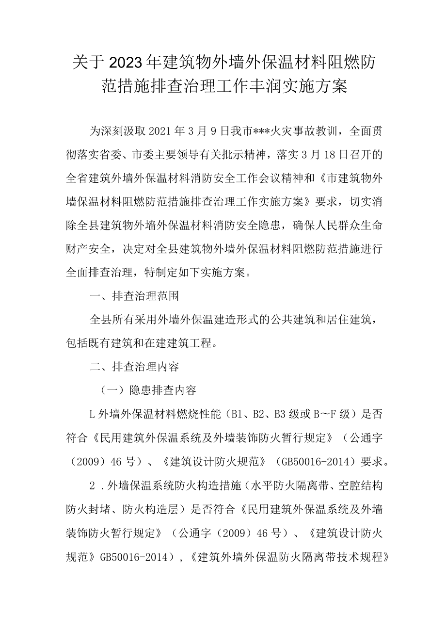 关于2023年建筑物外墙外保温材料阻燃防范措施排查治理工作丰润实施方案.docx_第1页