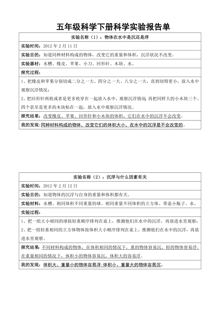 教科版五级下册科学实验报告单.doc_第1页