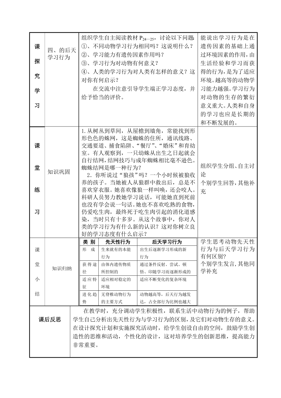 北师大版初中生物八级上册教案《节先天性行为和后天学习行为》.doc_第3页