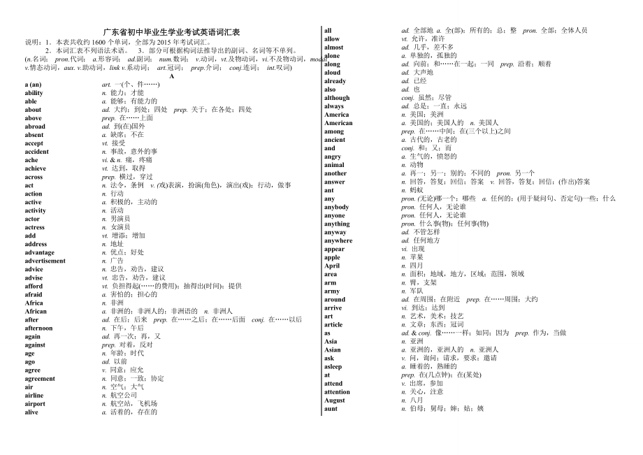 广东中考英语考纲1600词汇表及300词组表(整理打印版).doc_第1页