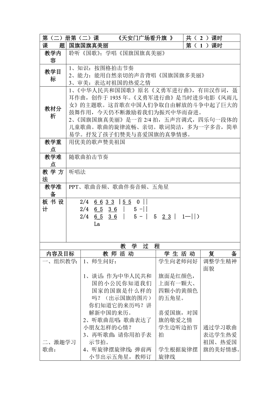 人教版小学音乐一级上册《国旗国旗真美丽》教案设计.doc_第1页