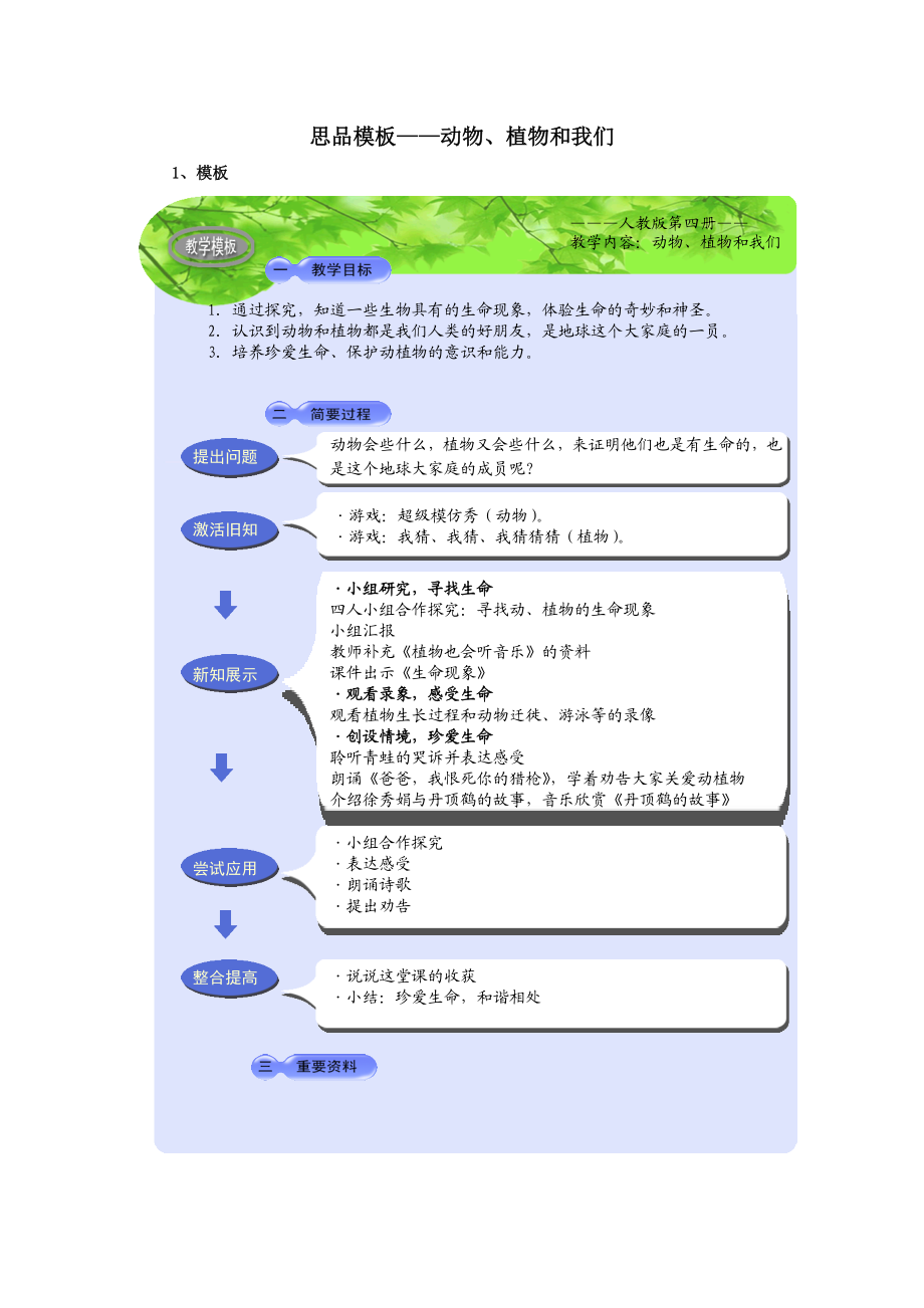 人教版小学品德与生活二级下册《动物、植物和我们》教案.doc_第1页