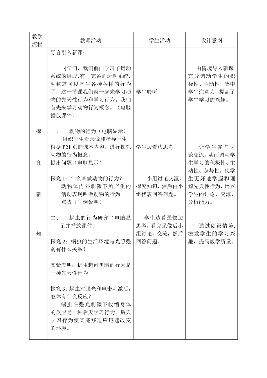 北师大版初中生物八级上册教案《先天性行为和后天学习行为》教学设计.doc_第2页