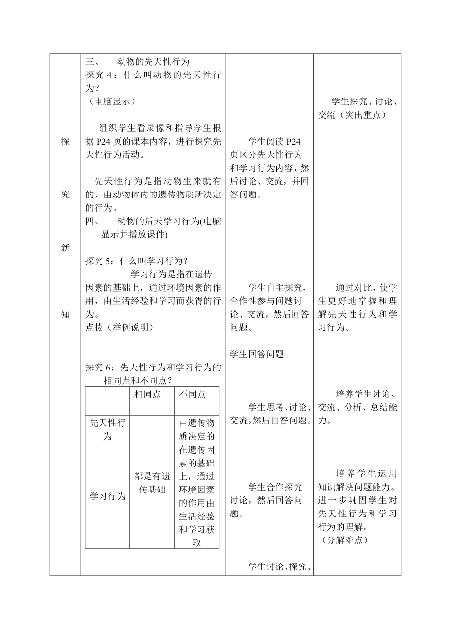 北师大版初中生物八级上册教案《先天性行为和后天学习行为》教学设计.doc_第3页