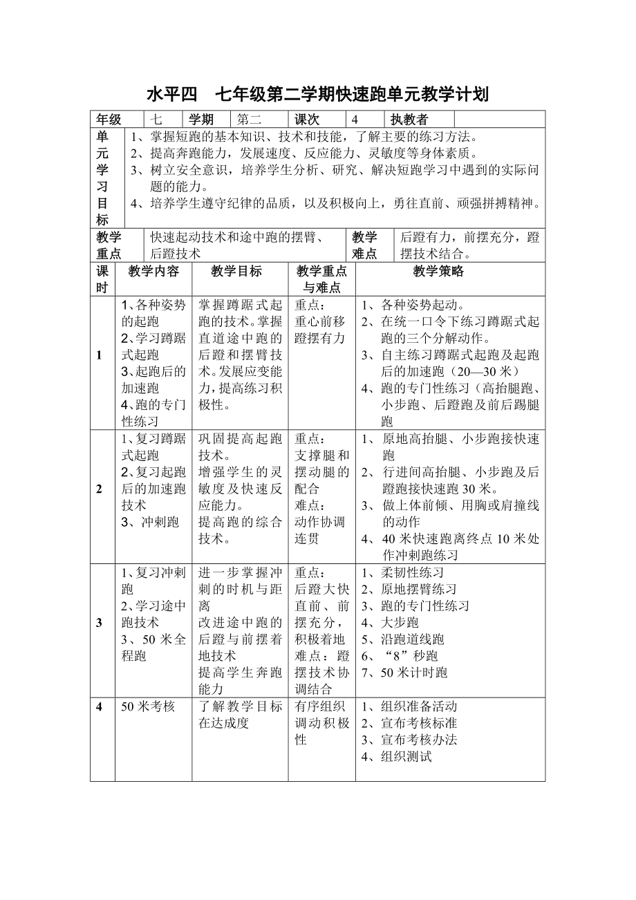 七级第二学期体育课单元教学计划.doc_第3页