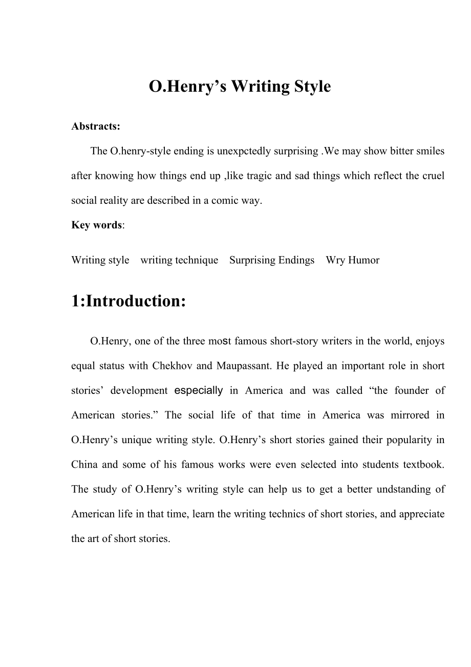O.Henry’s Writing Style欧亨利短篇小说写作风格.doc_第1页