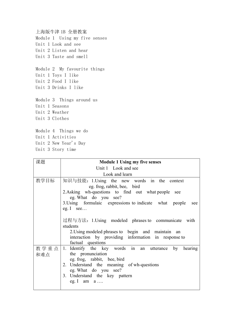 最新沪教版牛津英语1B教案.doc_第1页