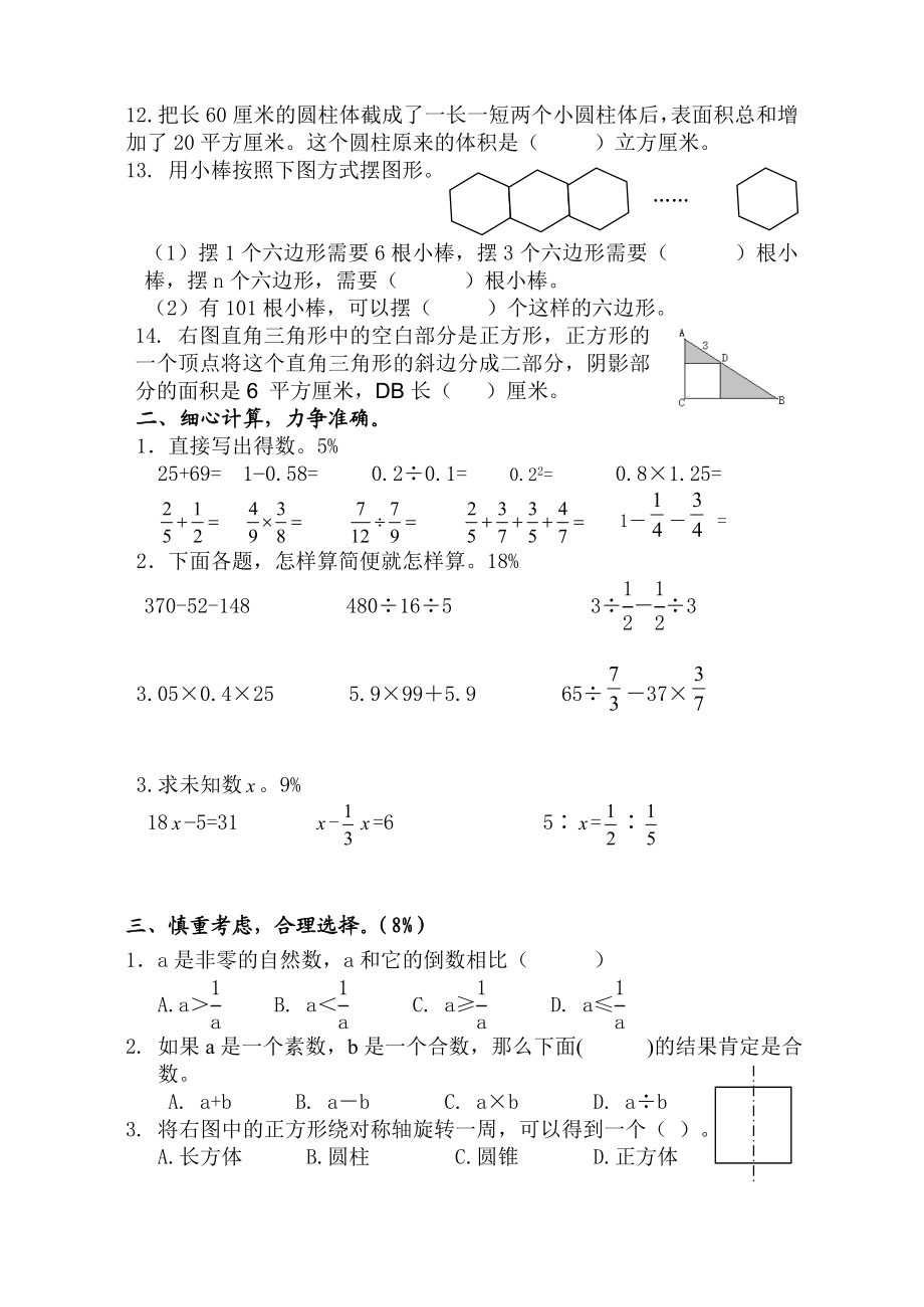 苏教版小学六级毕业考试数学试卷.doc_第2页