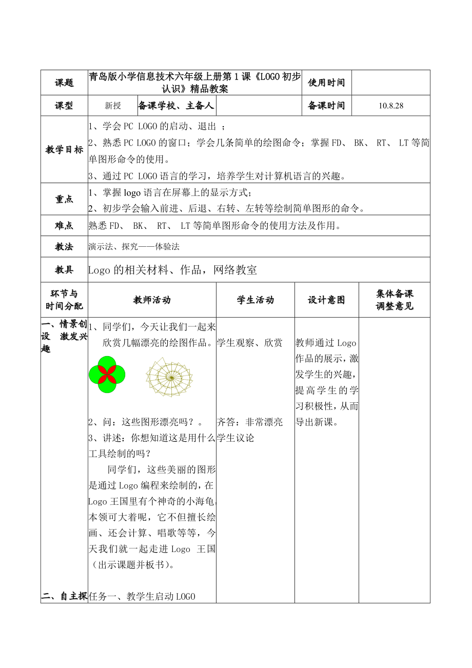 青岛版小学信息技术六级上册第1课《LOGO初步认识》精品教案.doc_第1页