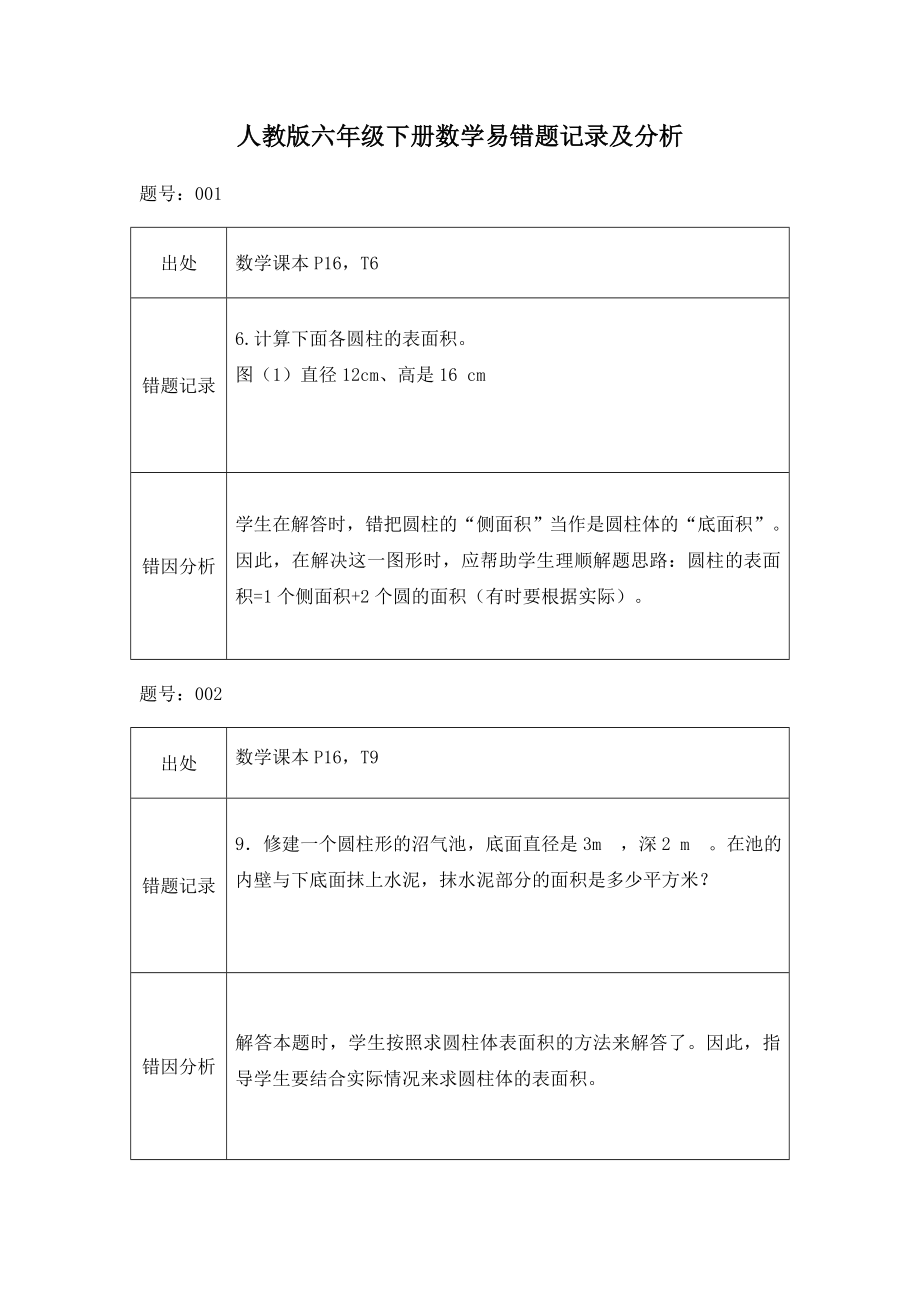 人教版六级下册数学易错题记录及分析.doc_第1页