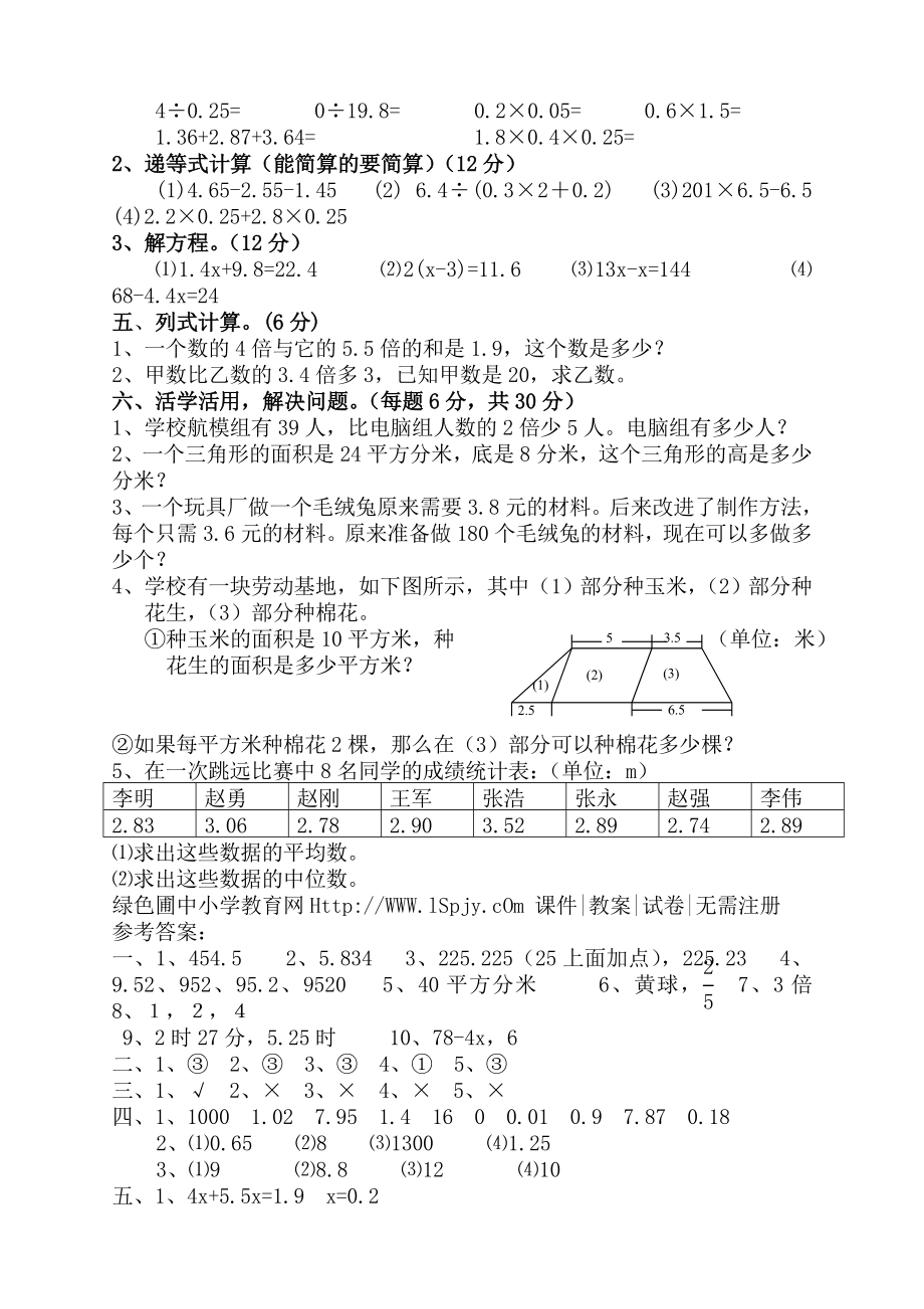 人教版小学五级上册数学期末知识点归纳总复习题.doc_第2页