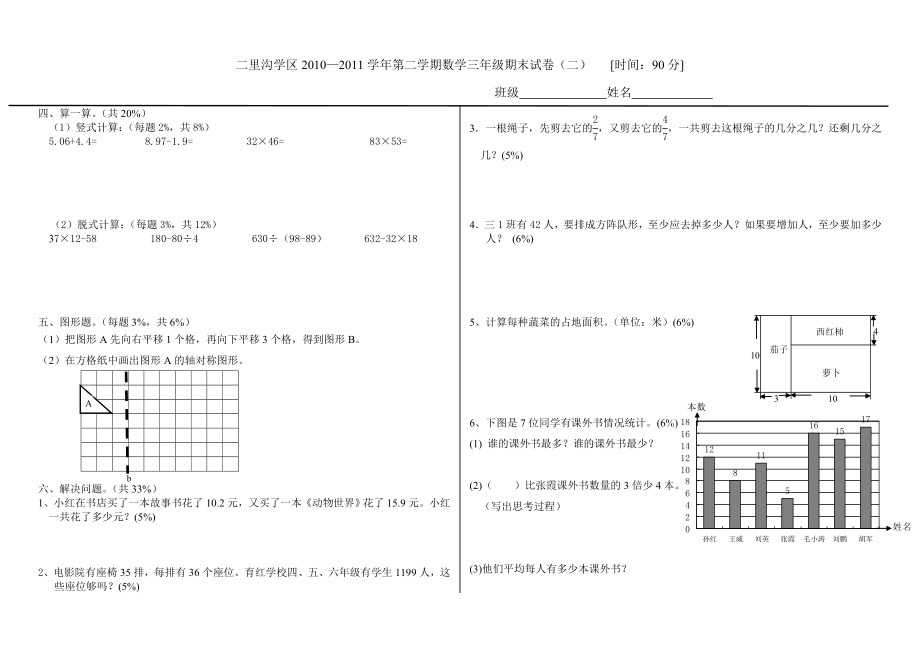 人教版小学数学三级下册期末试卷（ .doc_第2页