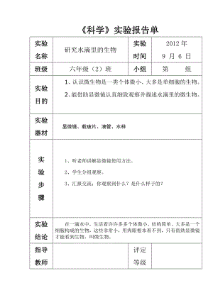 苏教版六级上册科学实验报告单.doc