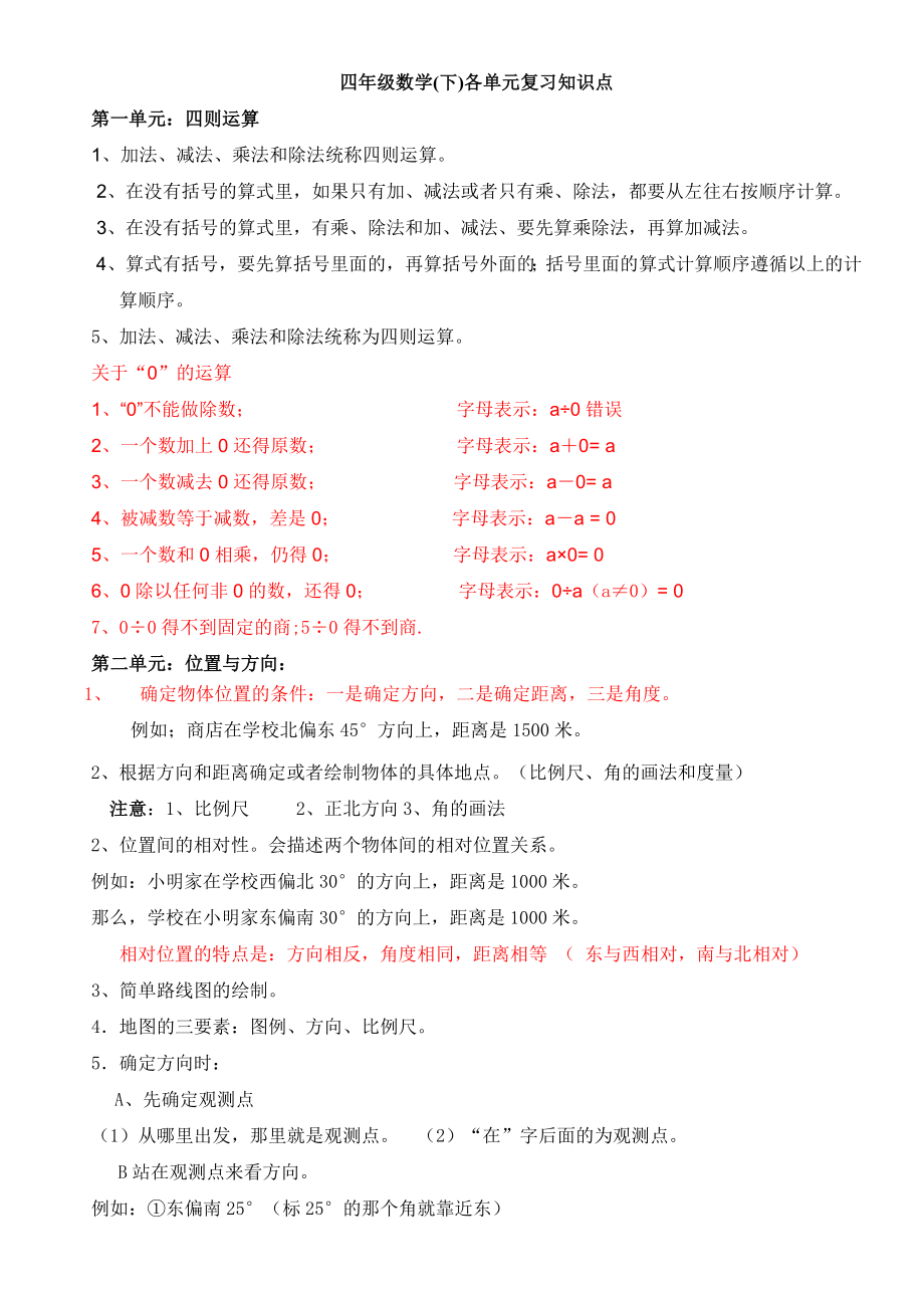 人教版小学四级数学下册总复习知识点.doc_第1页