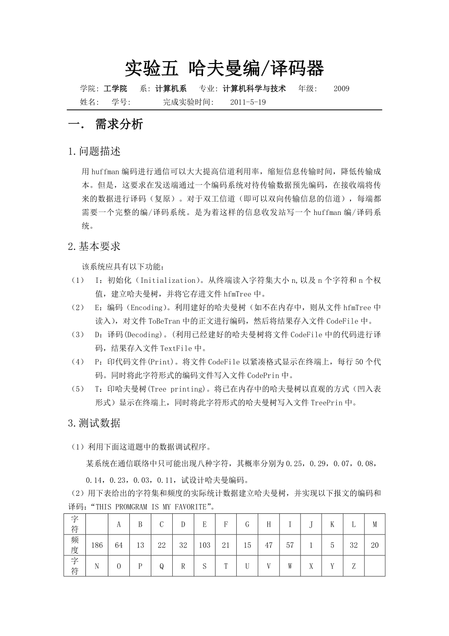 哈夫曼编译码器实验报告.doc_第1页