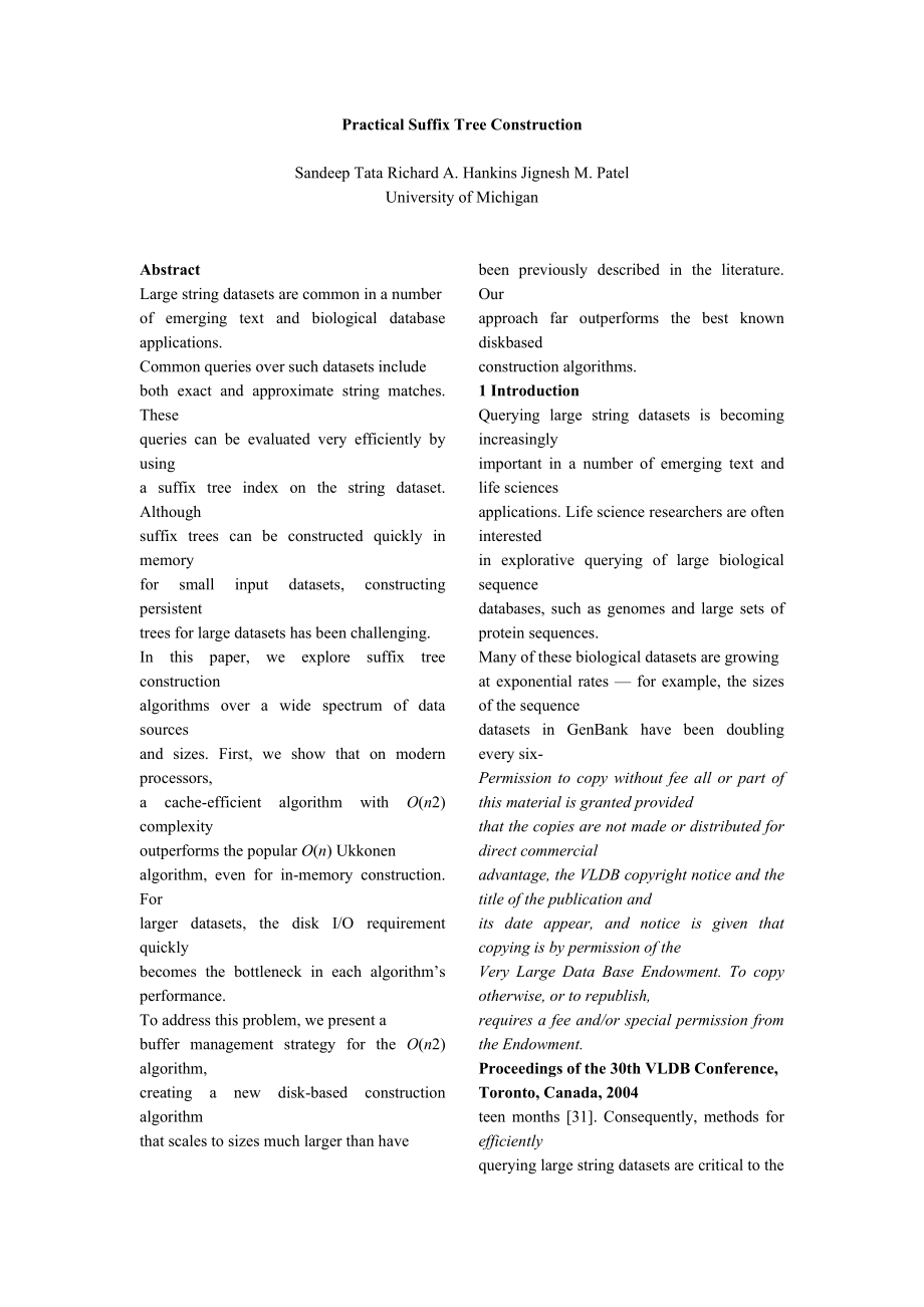 生物信息导论英文论文Practical Suffix Tree Construction 生物信息导论英文论文Practical Suffix Tree Construction.doc_第1页