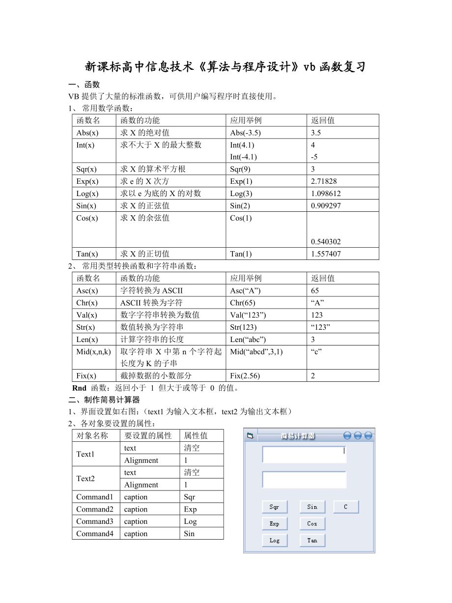 新课标高中信息技术《算法与程序设计》vb函数复习.doc_第1页