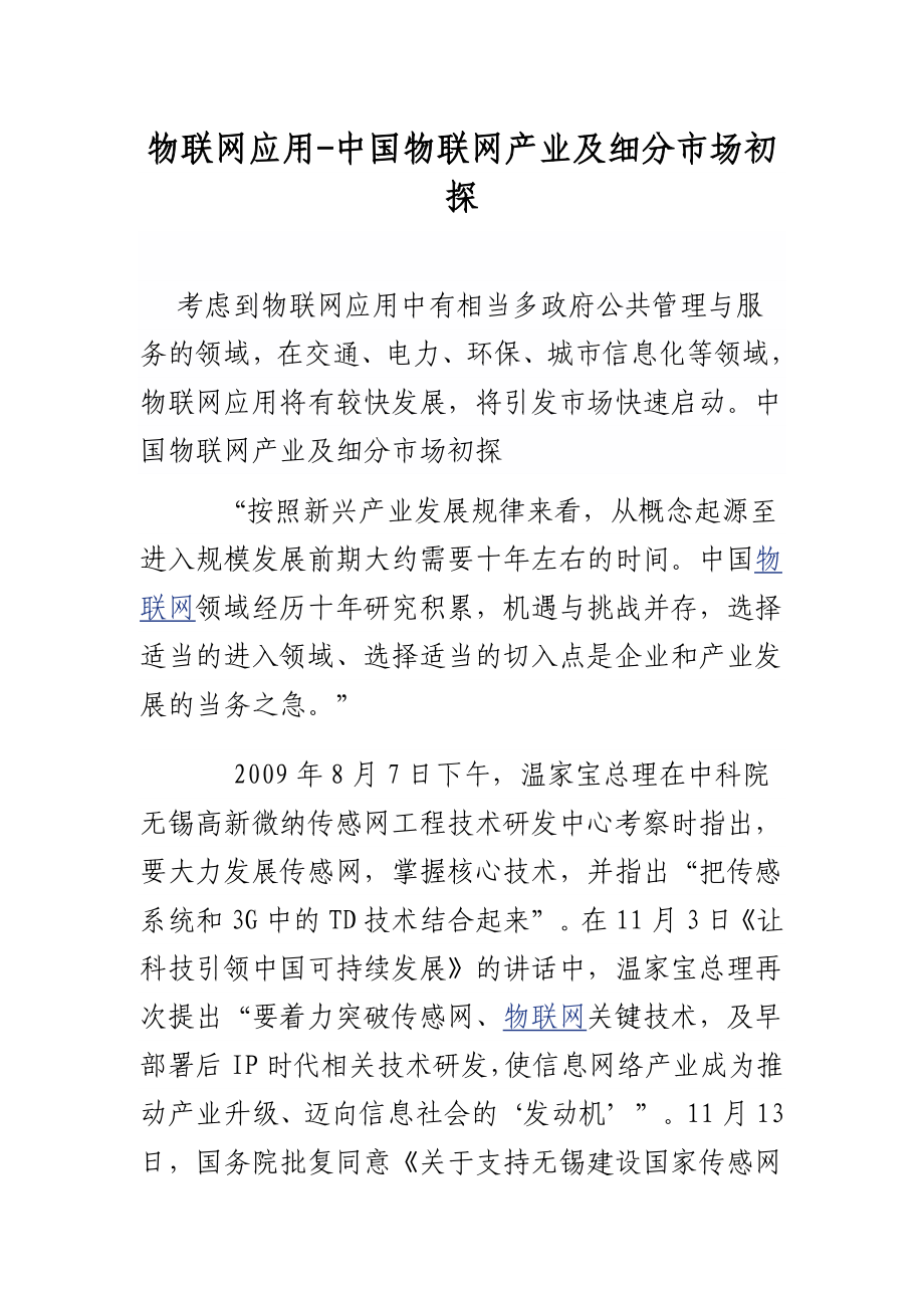 物联网应用中国物联网产业及细分市场初探.doc_第1页