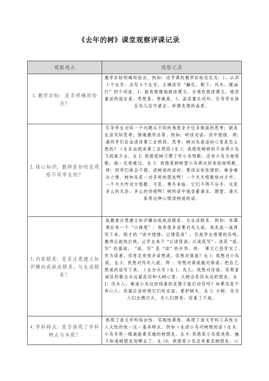 人教版小学语文四级上册《去的树》课堂观察评课记录.doc_第1页