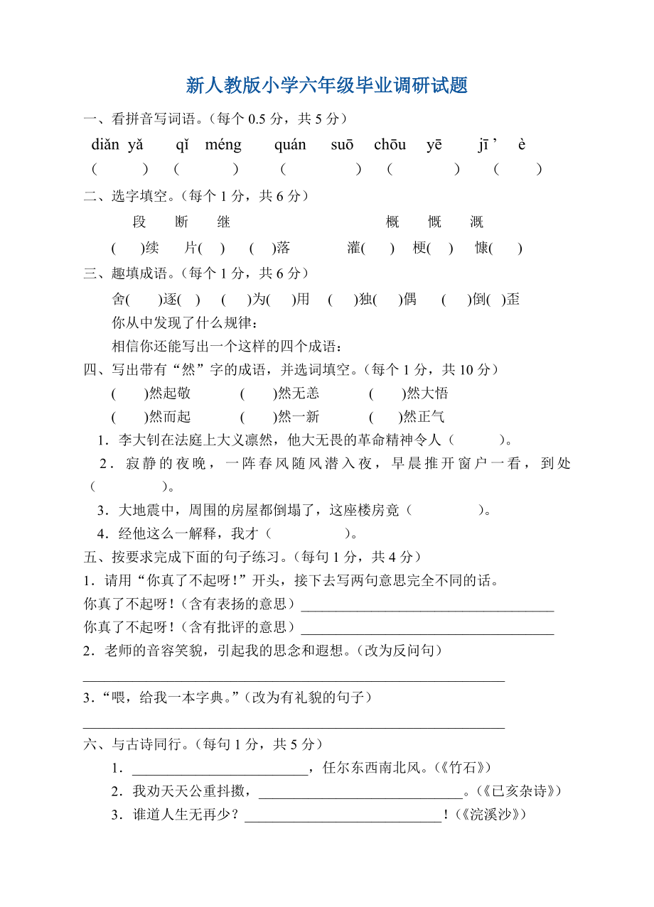 新人教版小学六级毕业调研试题.doc_第1页