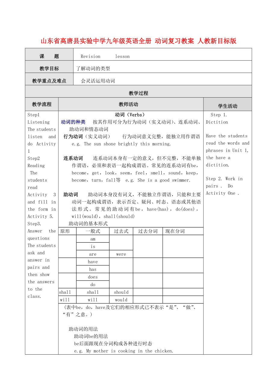 山东省高唐县实验中学九级英语全册 动词复习教案 人教新目标版.doc_第1页