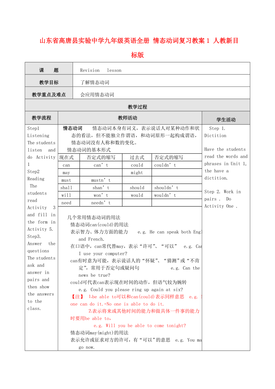 山东省高唐县实验中学九级英语全册 情态动词复习教案1 人教新目标版.doc_第1页